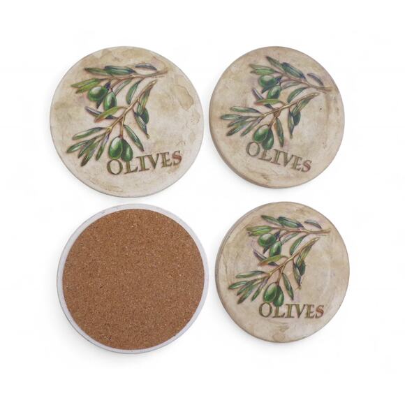 Ceramic Cork Bottom Coasters Set of 4 Olive Branch Design Matte Finish 4" - Picture 3 of 4